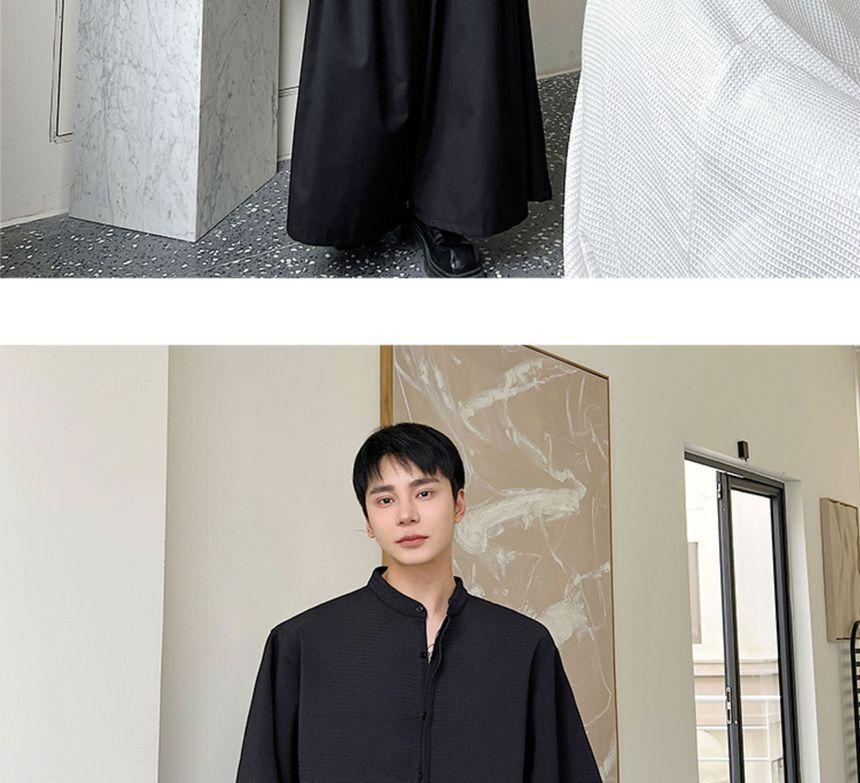 Elbow-Sleeve Stand Collar Plain Shirt Product Image