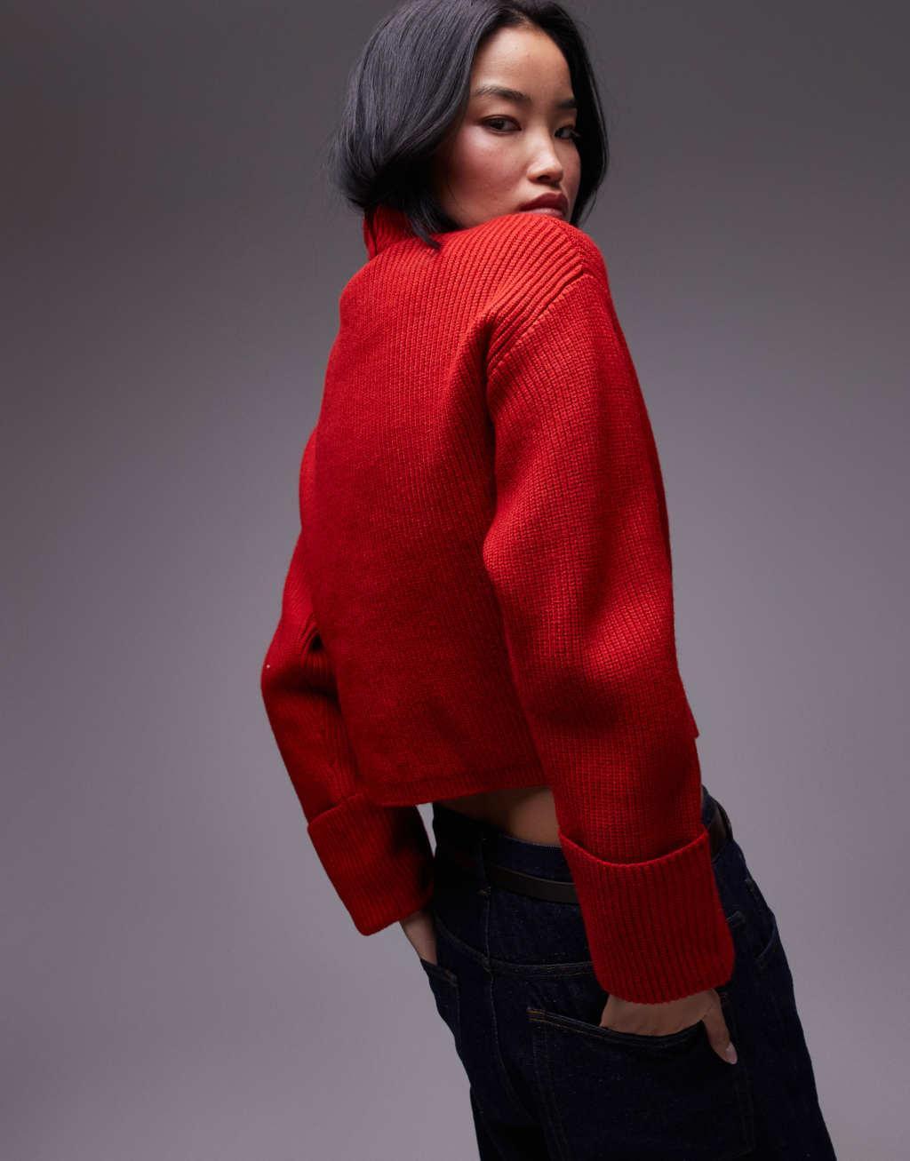 Mango high neck chunky sweater in red Product Image