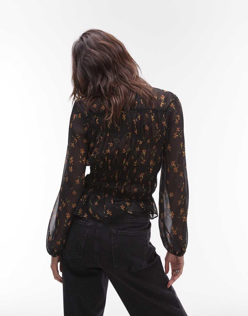 Topshop asymmetric shirred top in sheer black base ditsy Product Image
