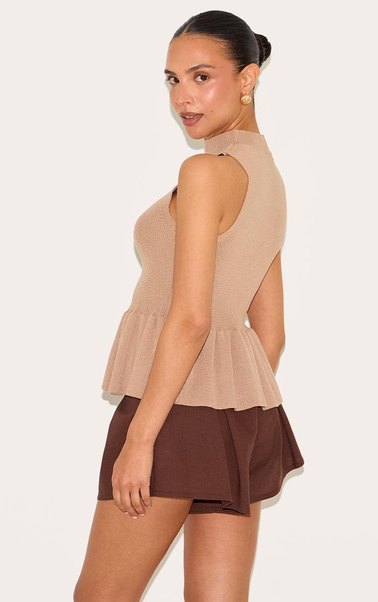 Petite Taupe Knitted High Neck Peplum Hem Long Top Product Image
