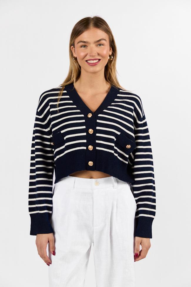Back In Style Navy and Ivory Striped Cardigan Product Image