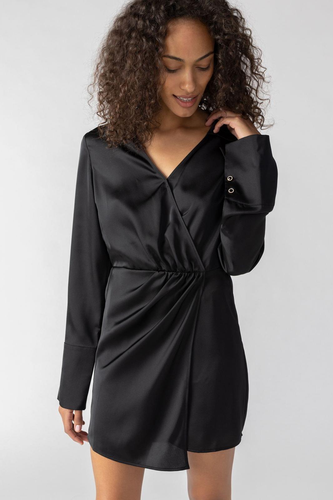 Cuff Detail Wrap Satin Dress - Black Product Image