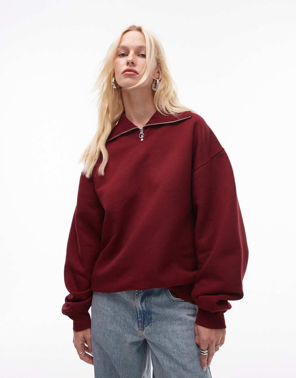 Topshop oversized quarter zip sweat in burgundy Product Image