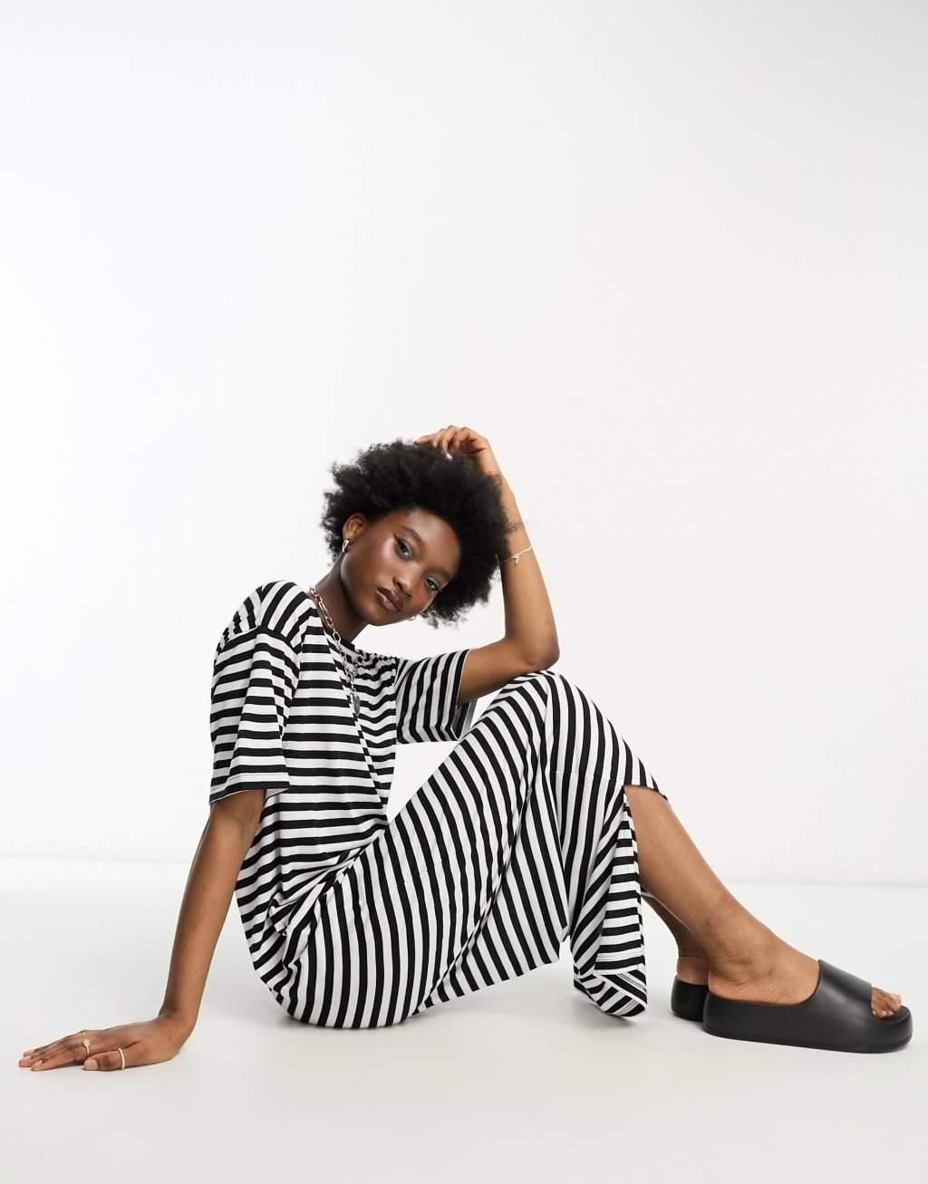 Noisy May maxi t-shirt dress in black & white stripe Product Image