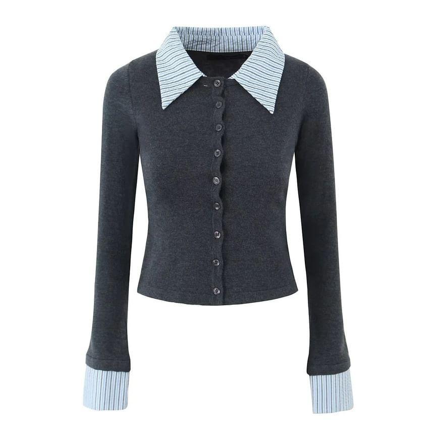 Long Sleeve Collared Striped Mock Two Piece Button Top Product Image