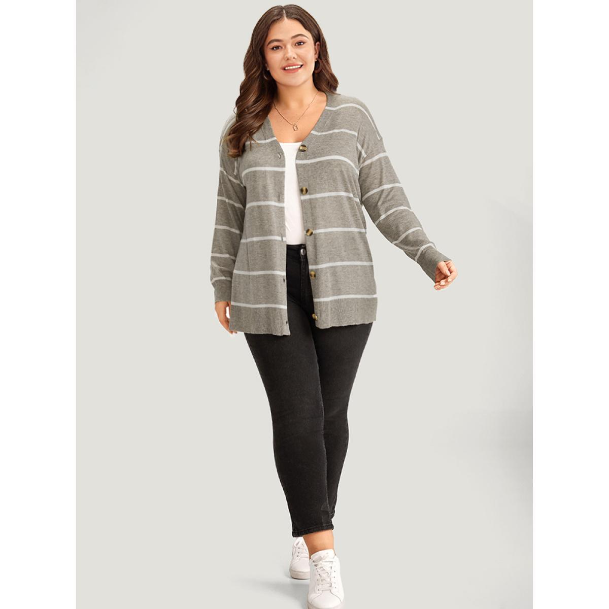 Plus Size Supersoft Essentials Striped Button Through Elastic Cuffs Cardigan DarkGray Women Casual Loose Long Sleeve Dailywear Cardigans BloomChic 26/4X Product Image