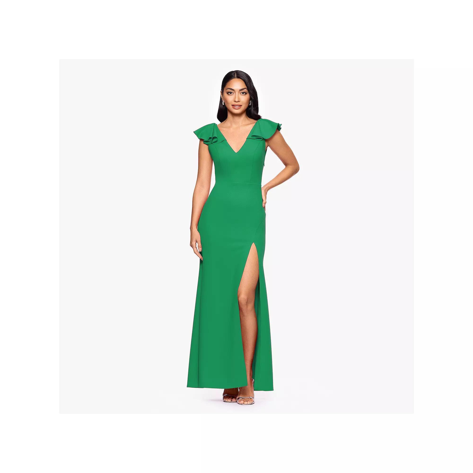 Women's BA Nites Long Scuba Crepe Ruffle V-Neck Dress, Size: 6, Green Product Image