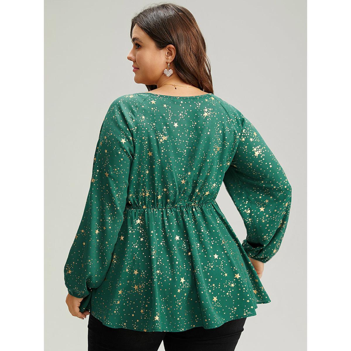 Plus Size DarkGreen Star Glitter Square Neck Twist Front Blouse Women Glamour Long Sleeve Square Neck Festival-Christmas Blouses BloomChic 14-16/1X Product Image