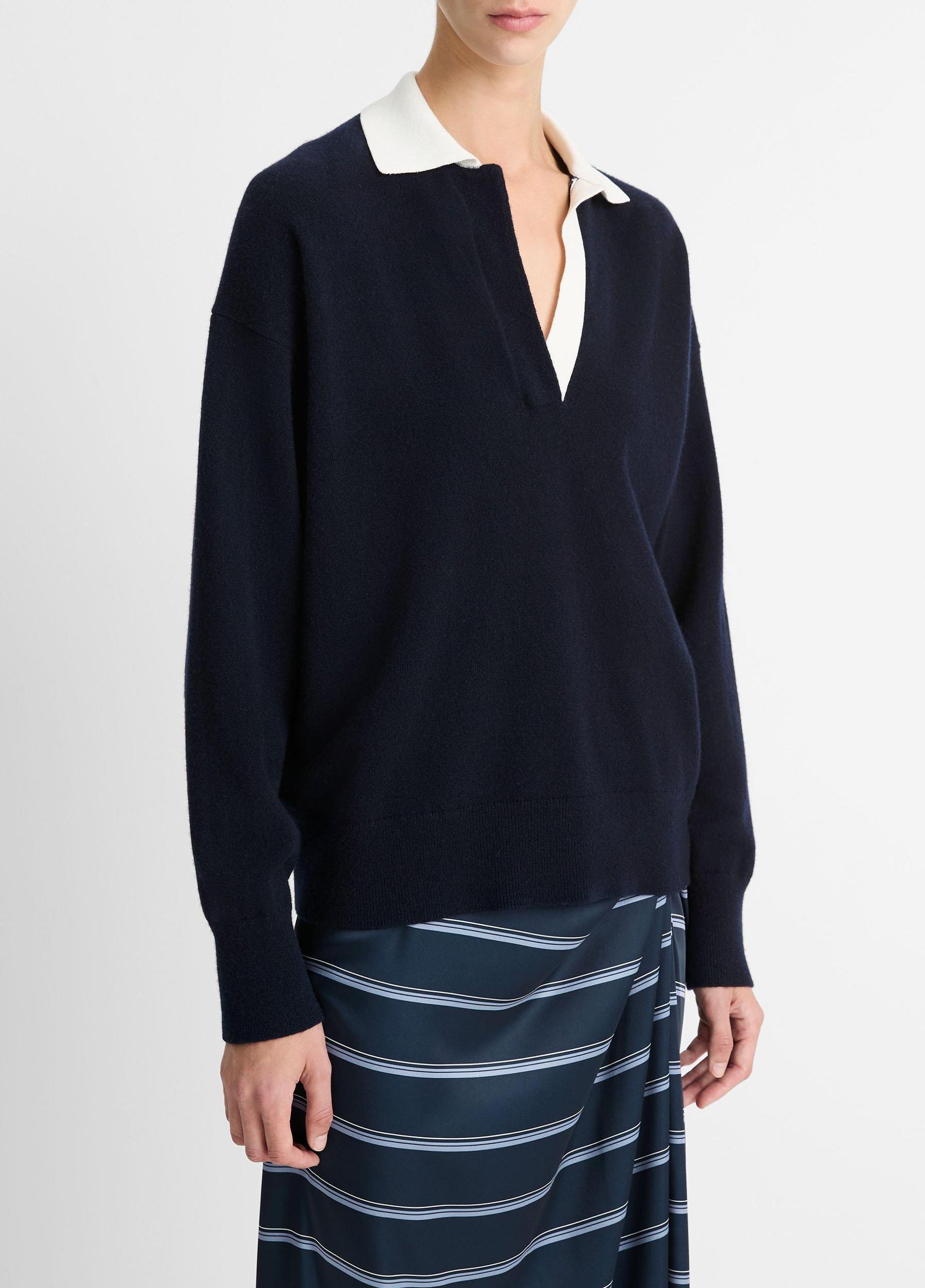 Wool & Cashmere-Blend Contrast-Collar Polo Sweater Product Image