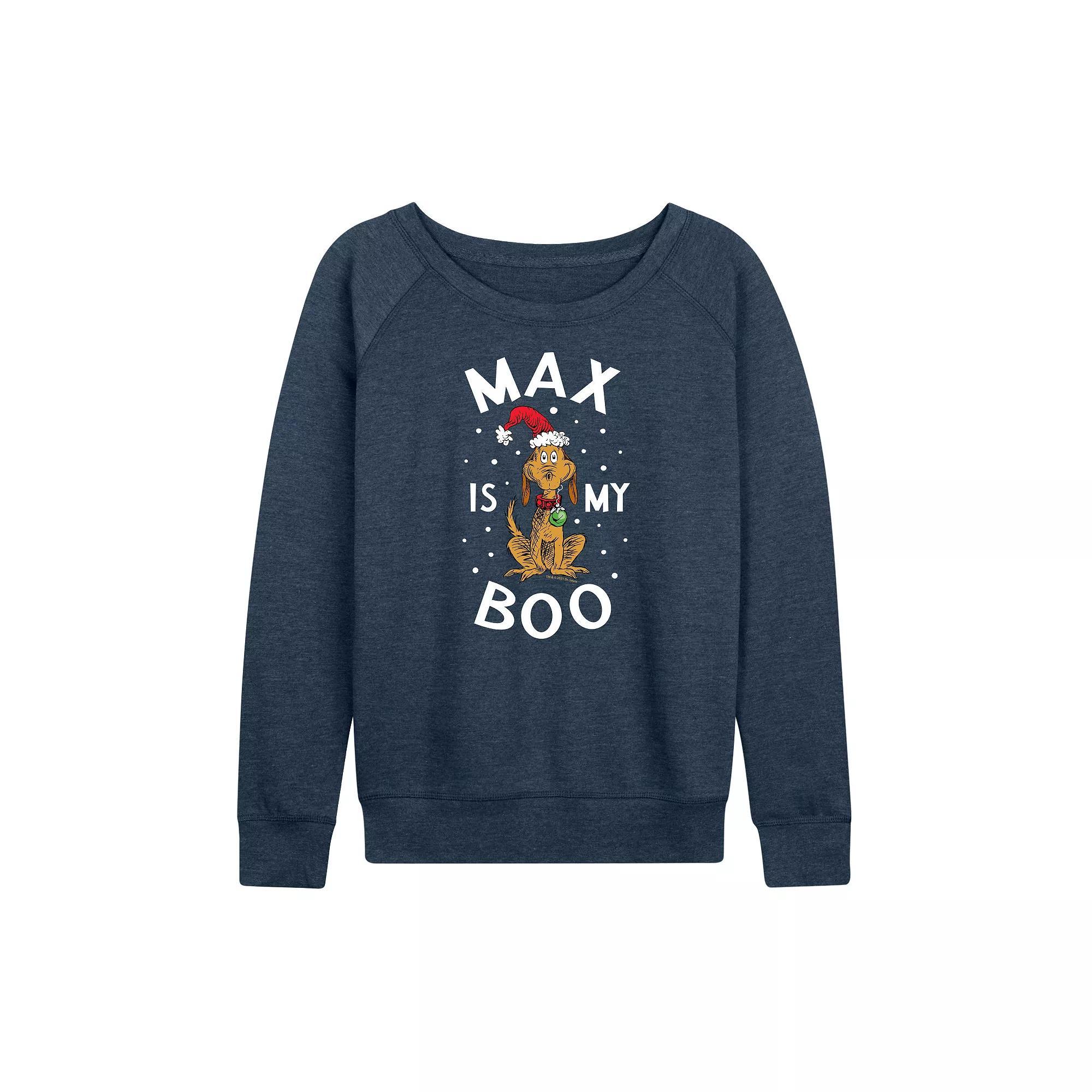 Women's Dr. Seuss The Grinch Max Is My Boo French Terry Long Sleeve Tee, Girl's, Size: Large, Grey Indigo Product Image
