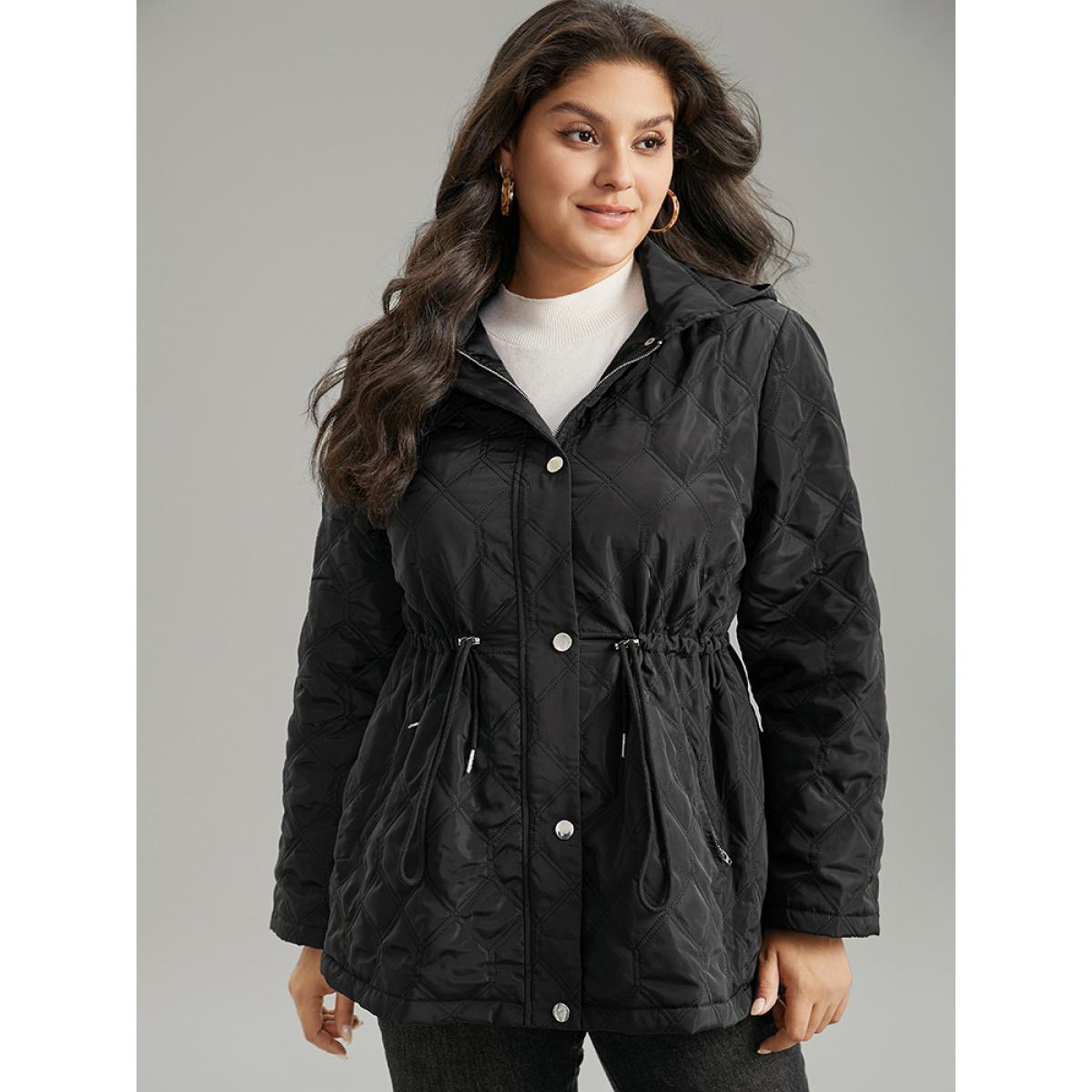 Plus Size Plain Button Up Drawstring Hooded Coat Women Black Casual Plain Ladies Dailywear Winter Coats BloomChic 12/L Product Image