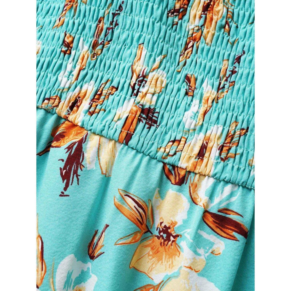 Plus Size Floral Shirred Elastic Waist Split Hem Dress Turquoise Women Elegant Frill Trim Square Neck Short sleeve Curvy BloomChic 14-16/1X Product Image