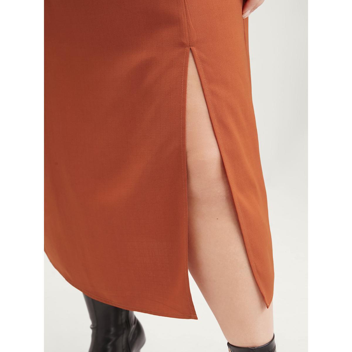 Plus Size Solid Shirred Square Neck Lantern Sleeve Split Hem Dress Rust Women Elegant Shirred Square Neck Long Sleeve Curvy Midi Dress BloomChic 18-20/2X Product Image