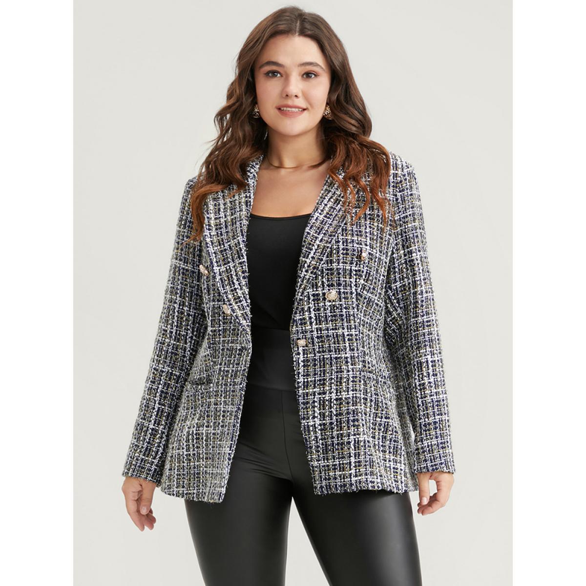 Plus Size Plaid Tweed Pocket Suit Collar Blazer Midnight Women Work Plaid Button Sleeve Long Sleeve Suit Collar 30/6X Pocket Office Blazers BloomChic Product Image