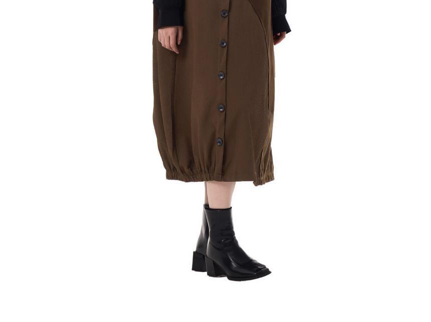 Paneled Asymmetrical Button Front Midi A-Line Dungaree Dress Product Image