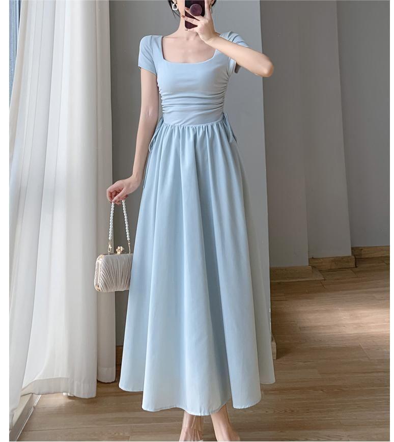 Short Sleeve Square-Neck Plain Side-Drawstring slim-Fit Maxi A-Line Dress Product Image