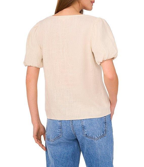 Vince Camuto Linen Blend V-Neck Short Puff Sleeve Tie Front Blouse Product Image
