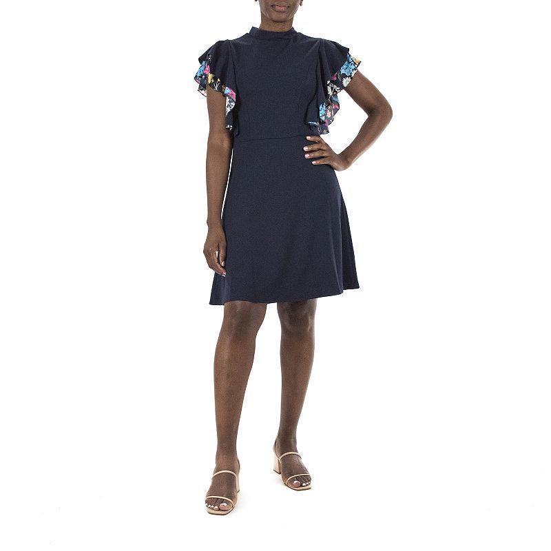 Women's Nina Leonard Crepe Flutter-Sleeve Dress, Size: Medium, Black White Product Image