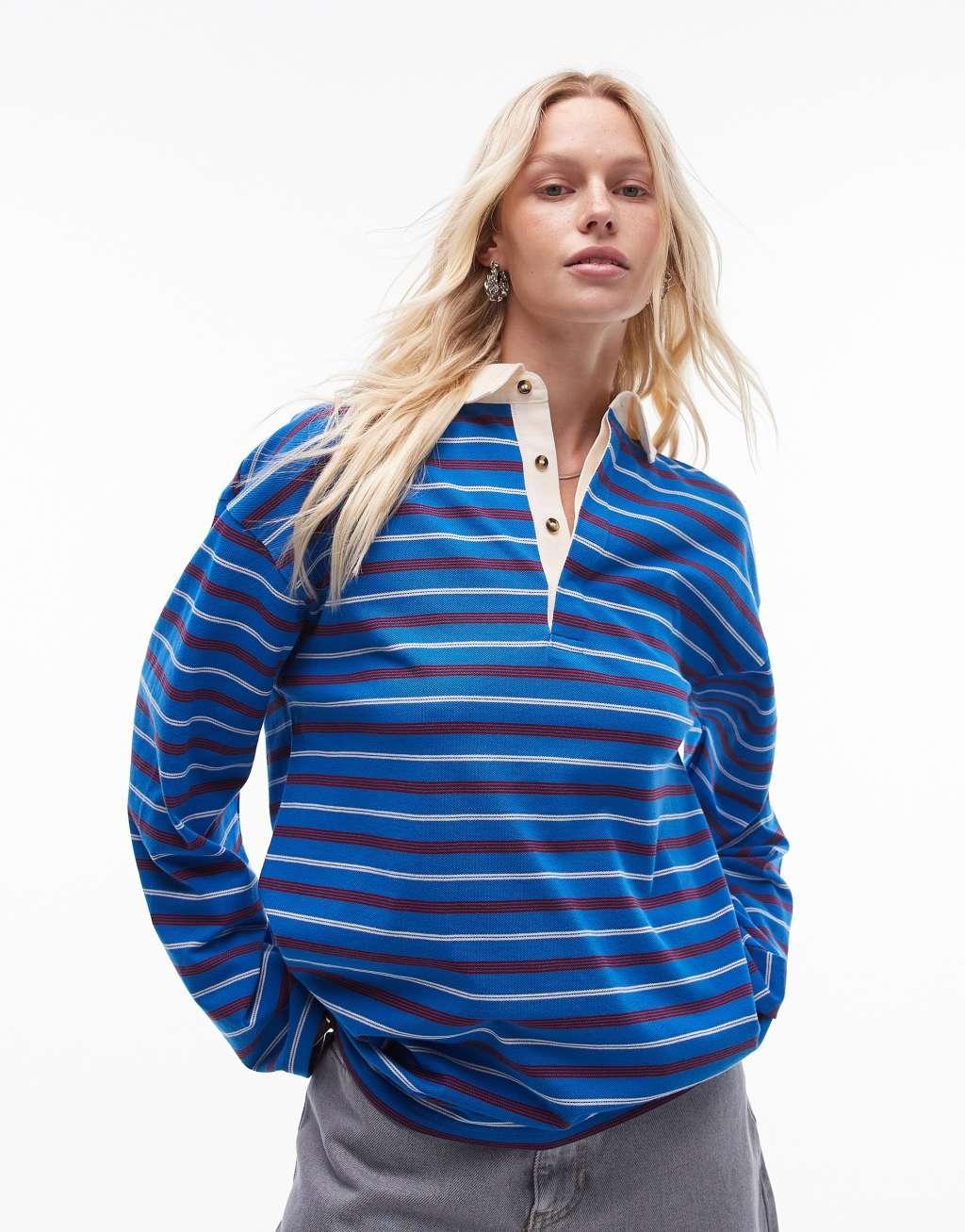 Topshop stripe long sleeve polo in blue Product Image