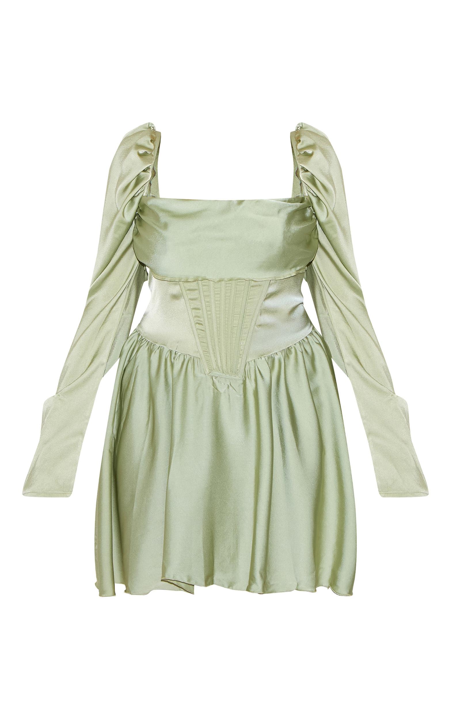 Plus Sage Green Satin Corset Detail Puffball Shift Dress Product Image
