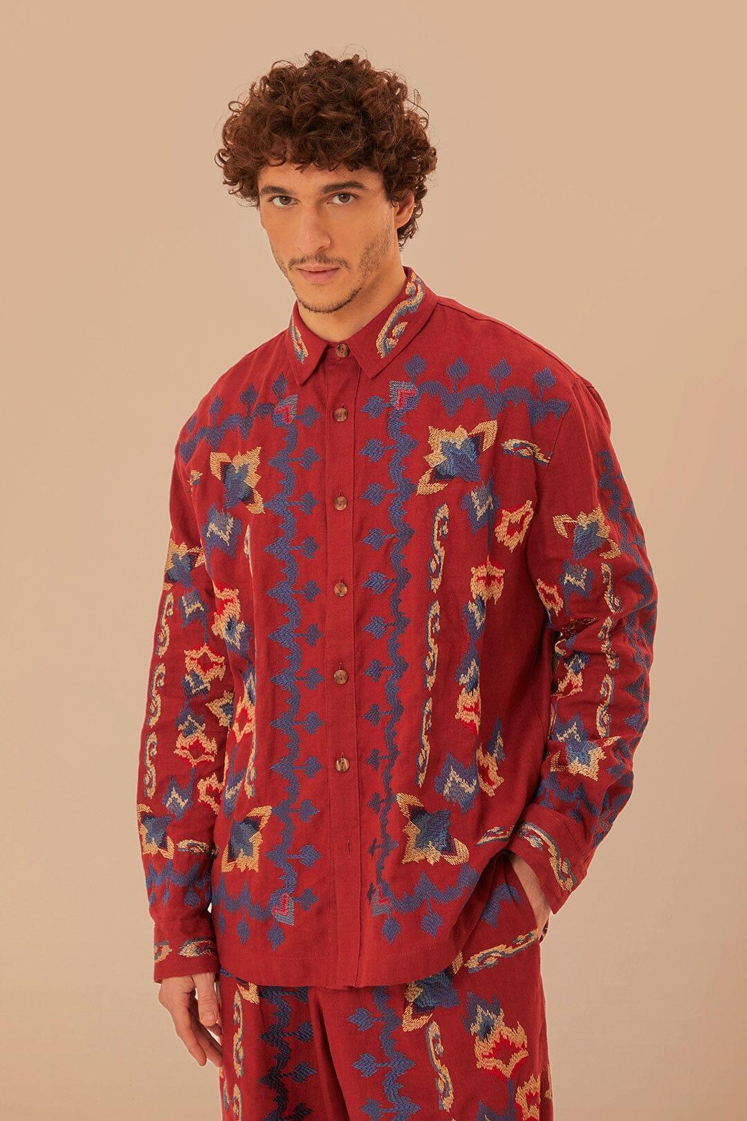 Red Floral Embroidery Jacquard Shirt, BURGUNDY / L Product Image