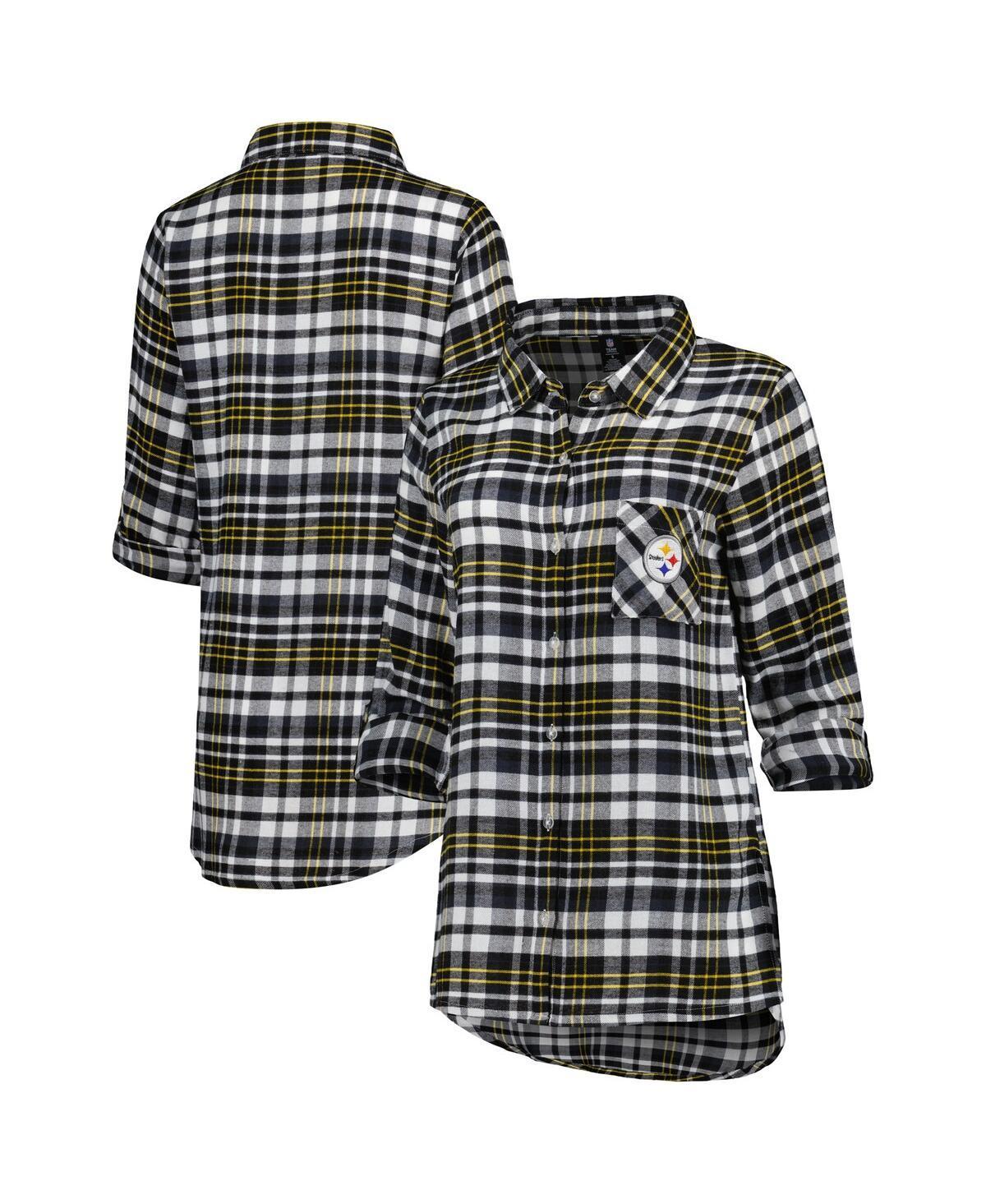 Women's Concepts Sport Black Pittsburgh Steelers Mainstay Plaid Full-Button Long Sleeve Nightshirt, Size: XL Product Image
