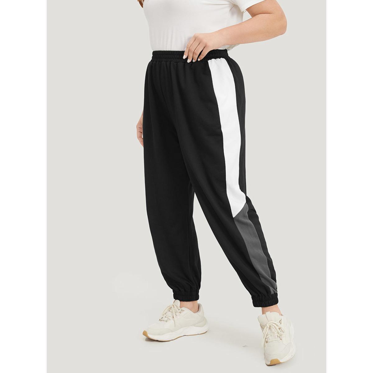 Solid Elastic Waist Pocket Contrast Sweatpants Multicolor Plus Size Women Casual Dailywear Patchwork 30/6X Bloomchic Product Image