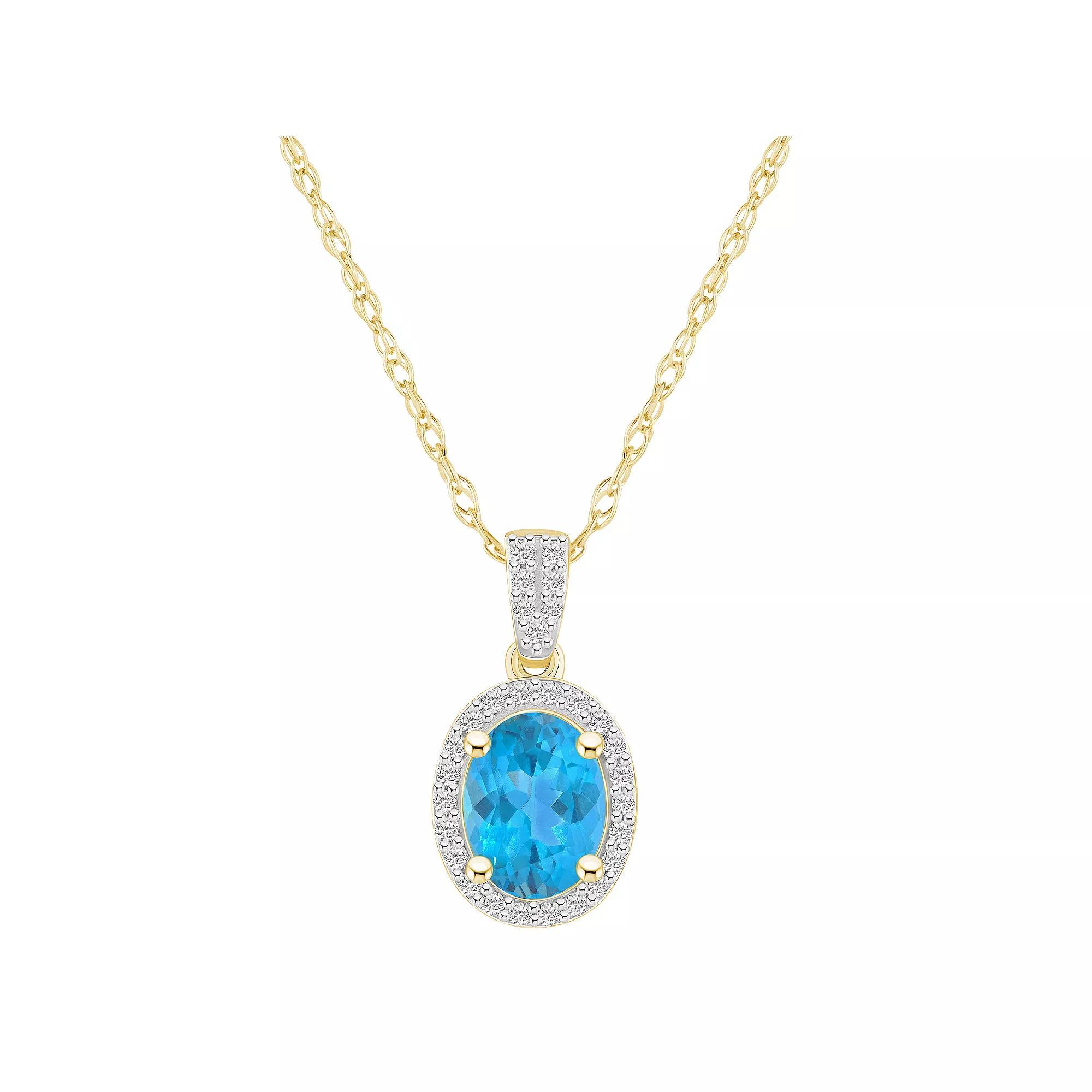 Celebration Gems 10k Gold Oval Gemstone & Lab-Created White Sapphire Halo Pendant Necklace, Women's, Size: 18", Simulated Aquamarine Product Image