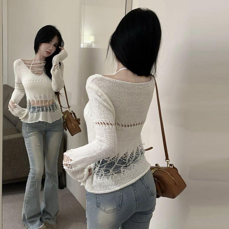 Long-Sleeve Crew Neck Plain Distressed Knit Top / Crop Camisole Top Product Image