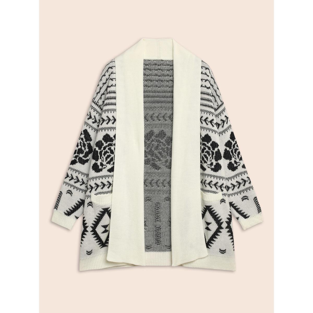 Plus Size Geometric Jacquard Lapel Collar Cardigan Beige Women Casual Loose Long Sleeve Everyday Cardigans BloomChic 26/4X Product Image