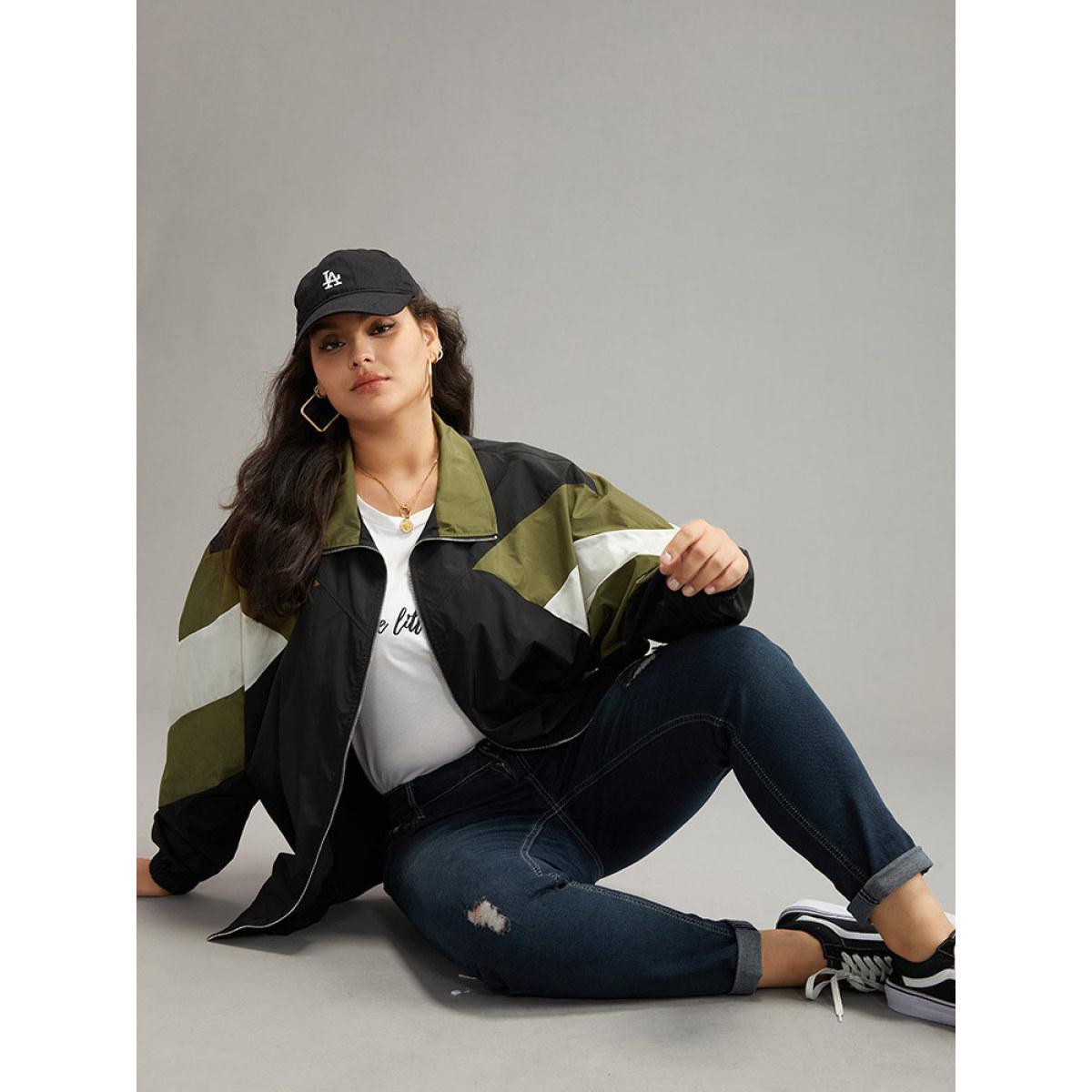 Plus Size Colorblock Patchwork Pocket Zipper Windbreaker Women Multicolor Contrast Pocket Everyday Jackets BloomChic 12/L Product Image