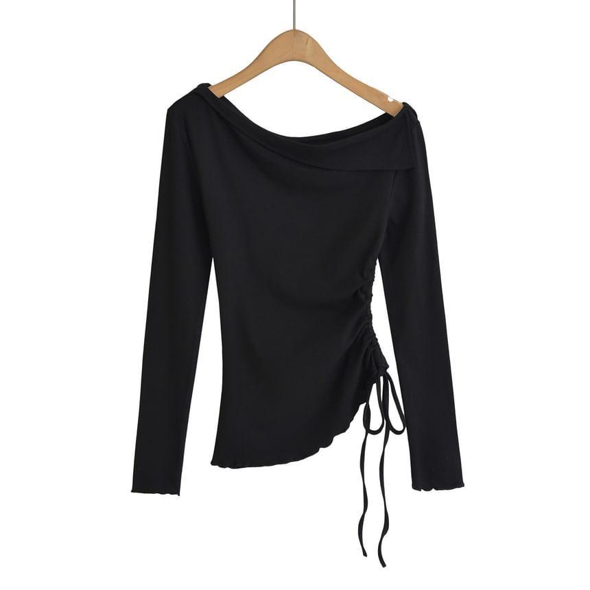 Long-Sleeve Off-Shoulder Plain Asymmetrical Drawstring Slim Fit T-Shirt Product Image