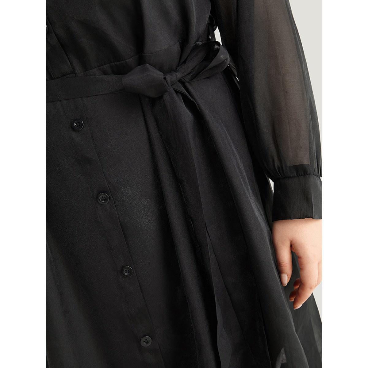 Plus Size Shirt Collar Button Up Belted Mesh Dress Black Women Elegant Lined Shirt collar Long Sleeve Curvy Midi Dress BloomChic 14-16/1X Product Image