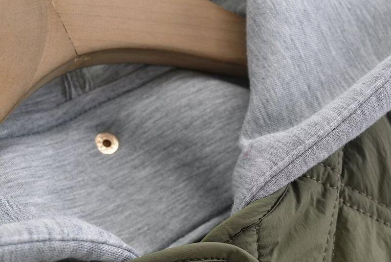 Plain Quilted Hooded Button-Up Jacket Product Image