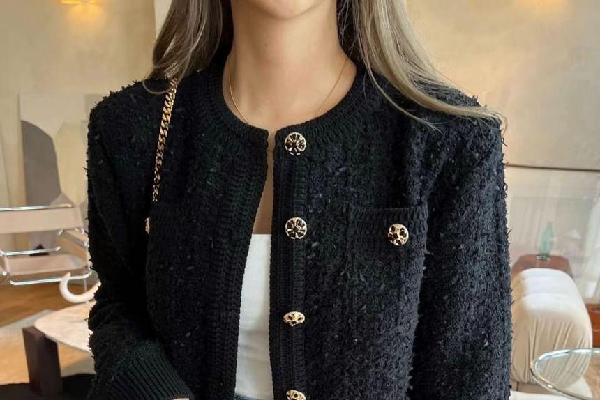 Crew Neck Plain Pocket Detail Cardigan Product Image