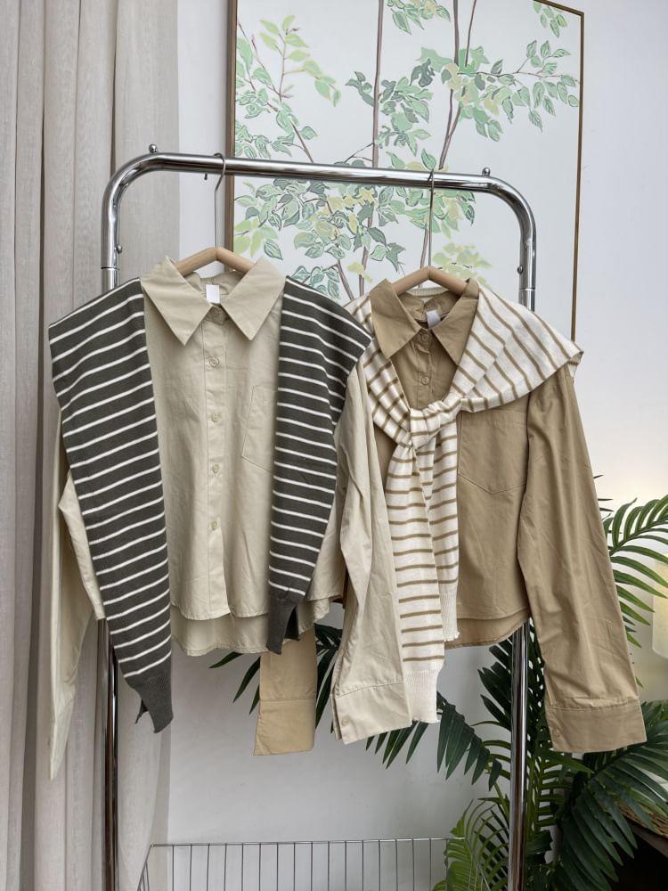 Set: Long-Sleeve Plain Button-Up Crop Shirt + Striped Knit Shawl Product Image