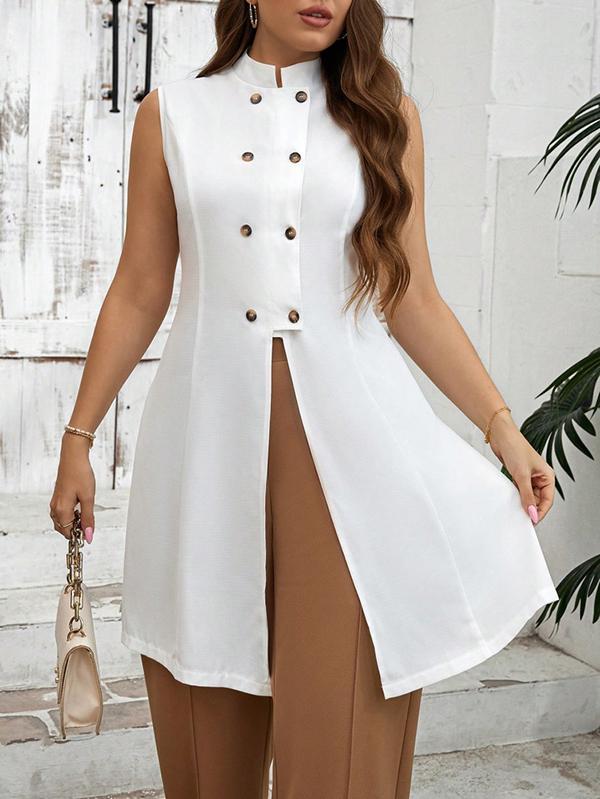 A-Line Loose Buttoned Solid Color Split-Front Split-Side Stand Collar Vest Top Product Image