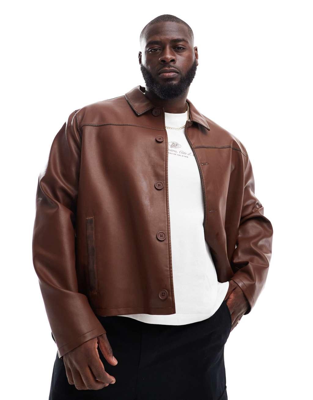 ASOS DESIGN faux leather harrington jacket in brown Product Image