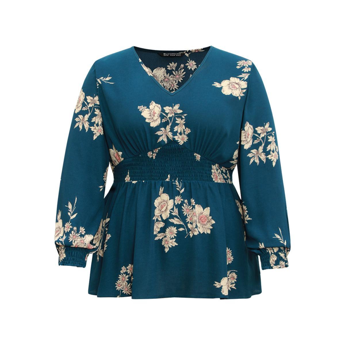 Plus Size Aegean Shirred Floral Elastic Waist Lantern Sleeve Blouse Women Elegant Long Sleeve V-neck Everyday Blouses BloomChic 28/5X Product Image