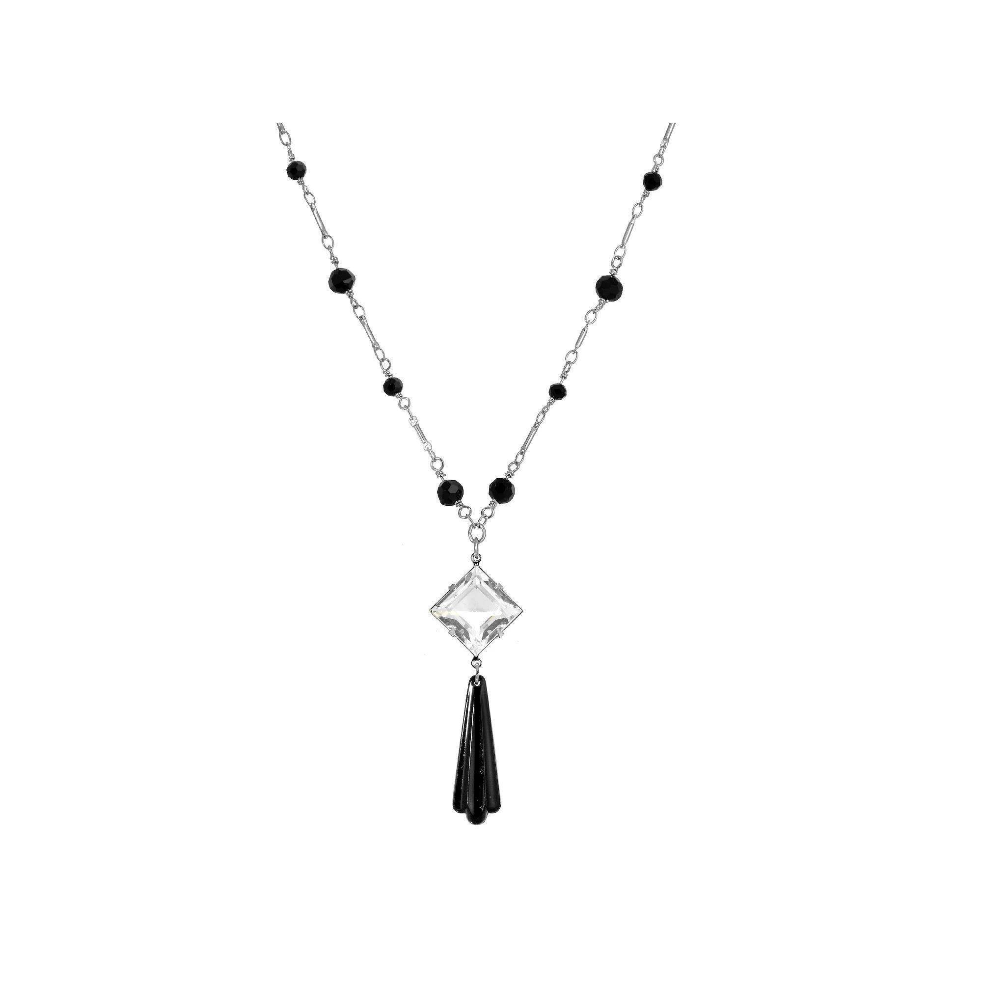 1928 Silver Tone Black Beaded Pendant Necklace, Womens Product Image