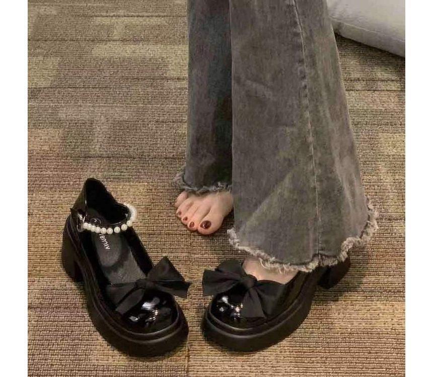 Platform Chunky Heel Bow Faux Pearl Strap Mary Jane Shoes Product Image