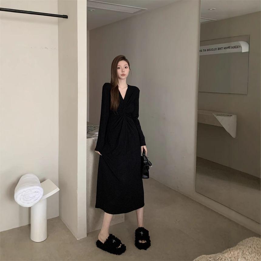 V-Neck Plain Midi A-Line Dress Product Image