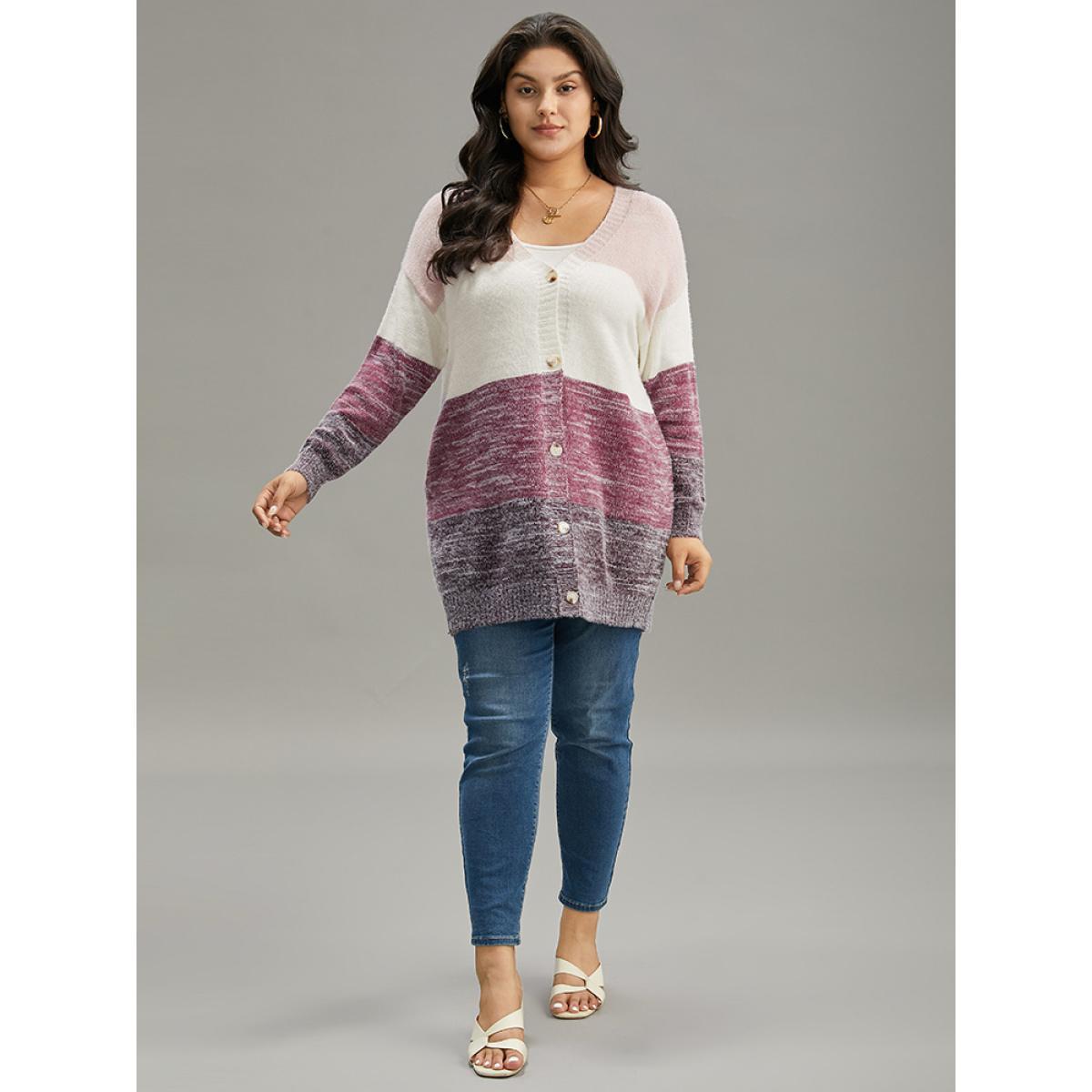 Plus Size Colorblock Button Through Fuzzy Cardigan Multicolor Women Casual Loose Long Sleeve Dailywear Cardigans BloomChic 30/6X Product Image