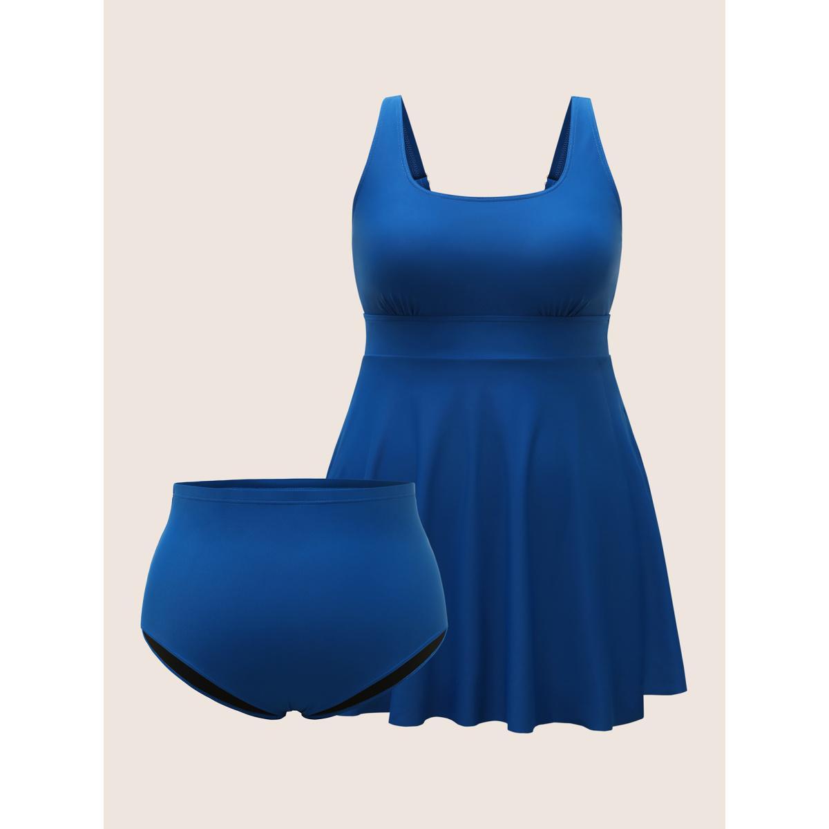Plus Size U Neck Solid Tiered Slit Hem Swim Dress Women's Swimwear Mediumblue Beach Bodycon U-neck High stretch Curve Swim Dresses BloomChic 22-24/3X Product Image