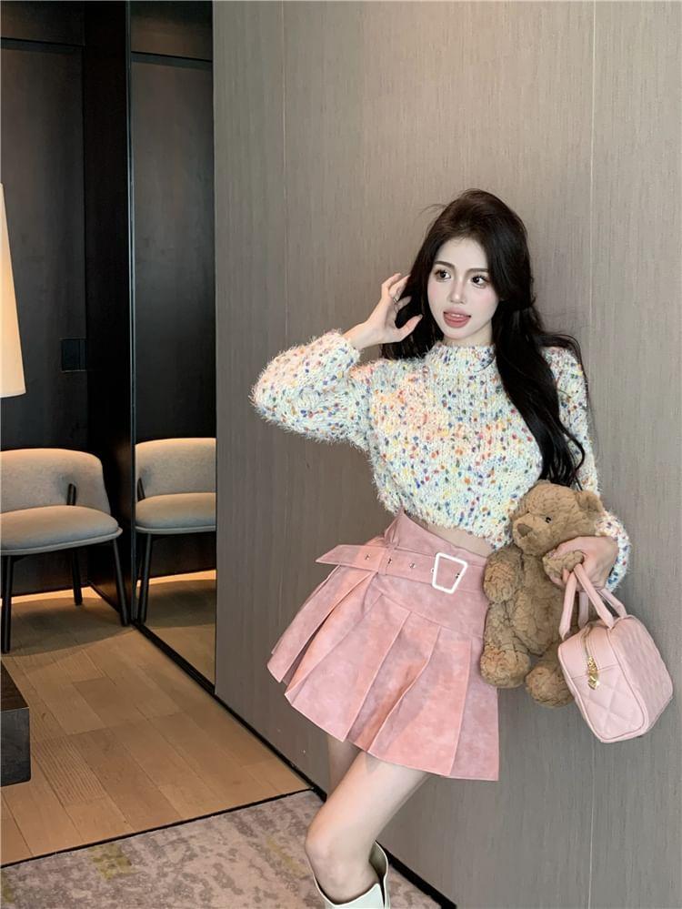 Mock Neck Dotted Cropped Sweater / High Rise Washed Pleated Mini A-Line Skirt Product Image