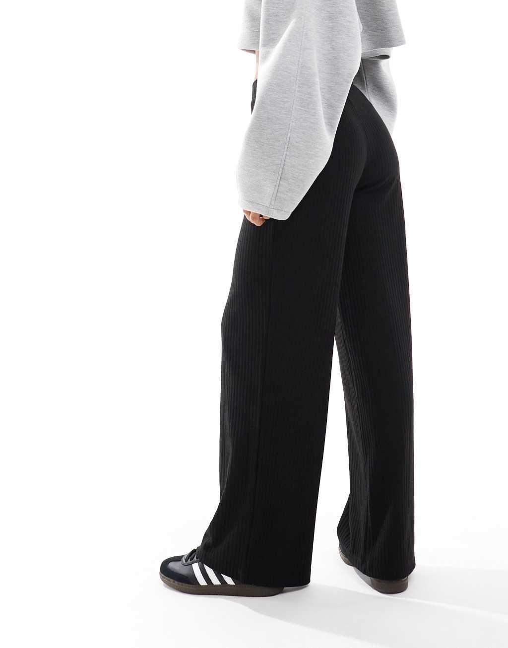 ONLY Petite wide leg ribbed pants in black Product Image