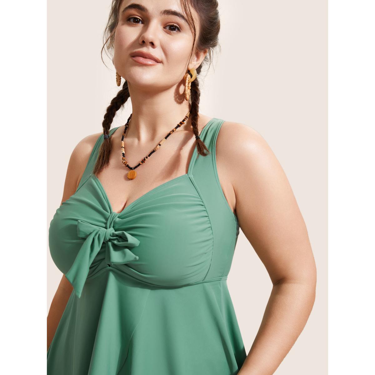 Plus Size Plain Knotted Gathered Slit Front Swim Top Women's Swimwear Palemauve Beach Gathered High stretch Bodycon Heart neckline Curve Swim Tops BloomChic 26/4X Product Image