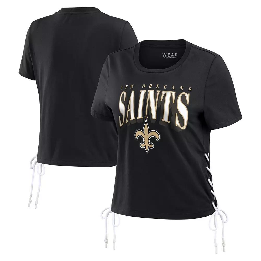 Women's WEAR by Erin Andrews Aqua Miami Dolphins Lace Up Side Modest Cropped T-Shirt, Size: Large, Turquoise A Product Image
