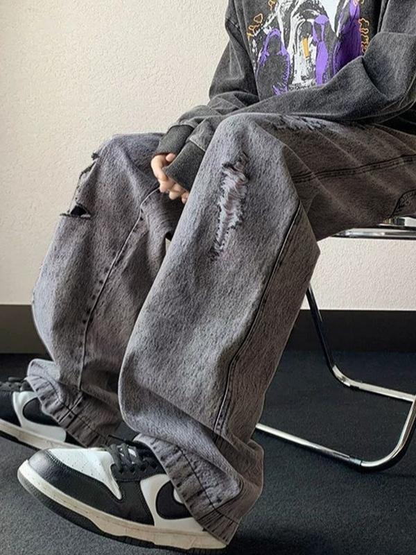 Men's Gray Wash Ripped Drawstring Loose Jeans Product Image