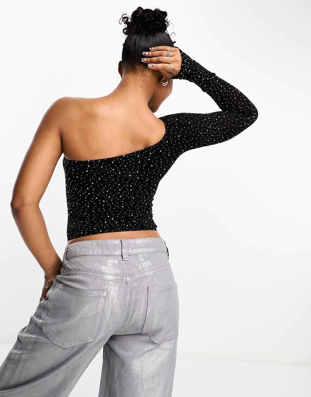 Pull & Bear asymmetric one-shoulder glitter top Product Image